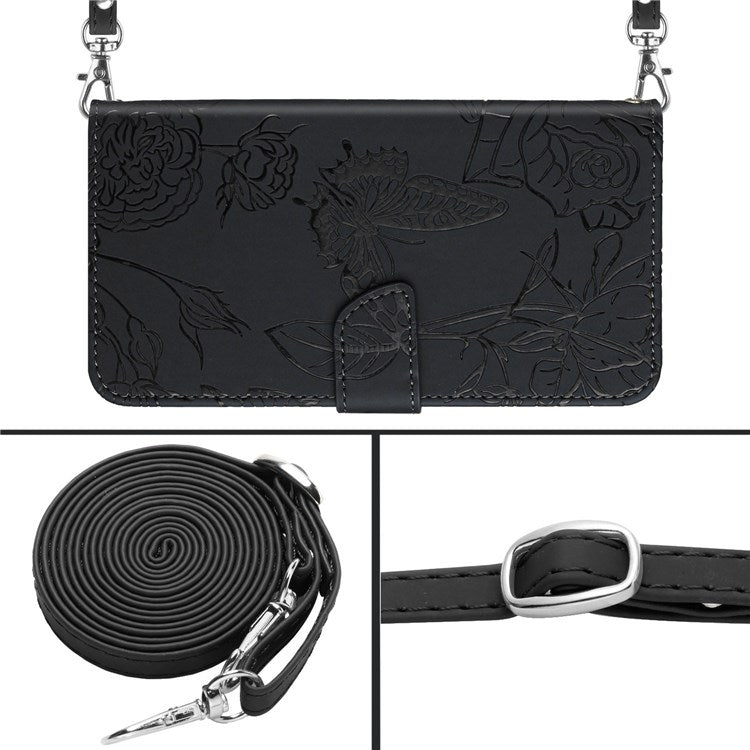 For Realme C30 4G / Narzo 50i Prime 4G Magnetic Closing Case Butterfly Flowers Imprinting Wallet Stand Design Skin-touch Feeling Phone Cover with Shoulder Strap - Black