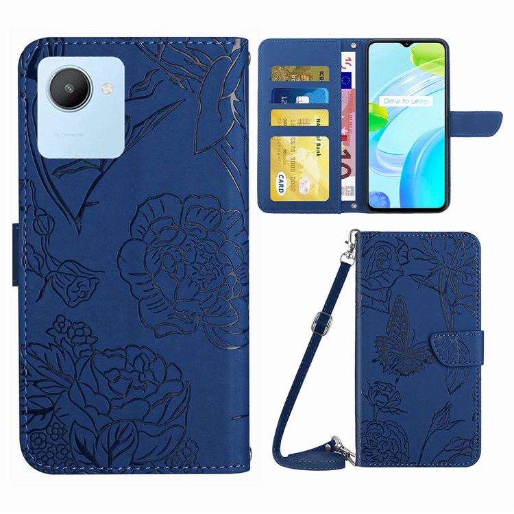 For Realme C30 4G / Narzo 50i Prime 4G Magnetic Closing Case Butterfly Flowers Imprinting Wallet Stand Design Skin-touch Feeling Phone Cover with Shoulder Strap - Blue