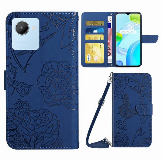 For Realme C30 4G / Narzo 50i Prime 4G Magnetic Closing Case Butterfly Flowers Imprinting Wallet Stand Design Skin-touch Feeling Phone Cover with Shoulder Strap - Blue