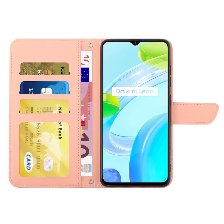 For Realme C30 4G / Narzo 50i Prime 4G Magnetic Closing Case Butterfly Flowers Imprinting Wallet Stand Design Skin-touch Feeling Phone Cover with Shoulder Strap - Pink