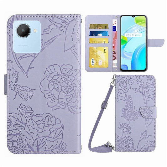 For Realme C30 4G / Narzo 50i Prime 4G Magnetic Closing Case Butterfly Flowers Imprinting Wallet Stand Design Skin-touch Feeling Phone Cover with Shoulder Strap - Light Purple