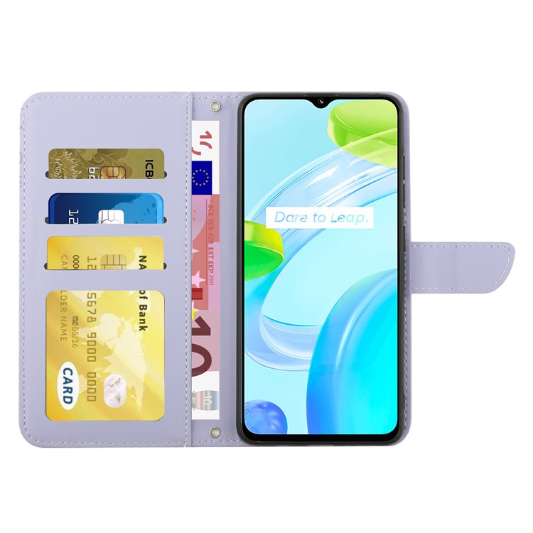 For Realme C30 4G / Narzo 50i Prime 4G Magnetic Closing Case Butterfly Flowers Imprinting Wallet Stand Design Skin-touch Feeling Phone Cover with Shoulder Strap - Light Purple