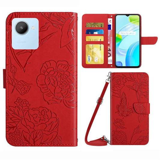 For Realme C30 4G / Narzo 50i Prime 4G Magnetic Closing Case Butterfly Flowers Imprinting Wallet Stand Design Skin-touch Feeling Phone Cover with Shoulder Strap - Red