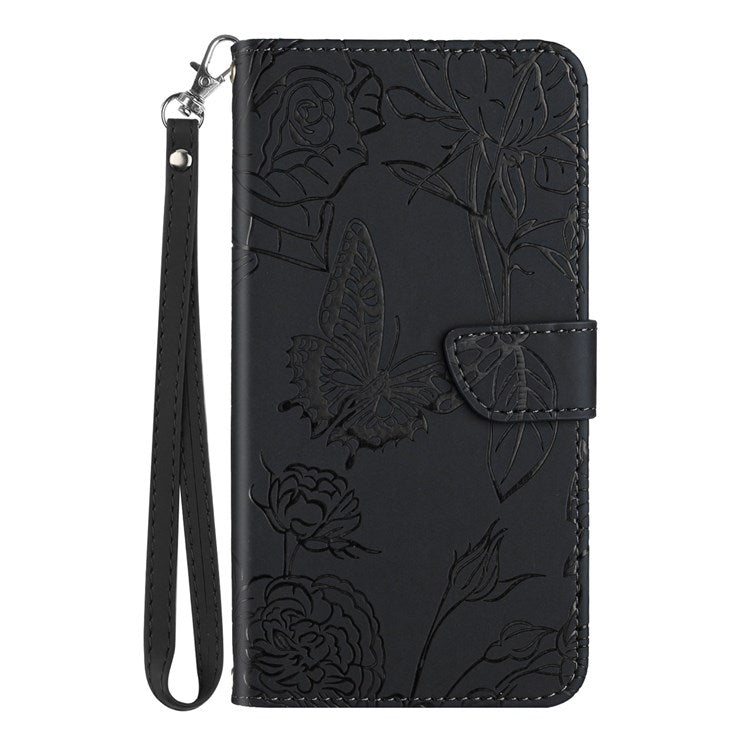 For Realme C30 4G / Narzo 50i Prime 4G Butterfly Flowers Imprinting Case PU Leather Phone Wallet Stand Folio Flip Cover with Handy Strap - Black