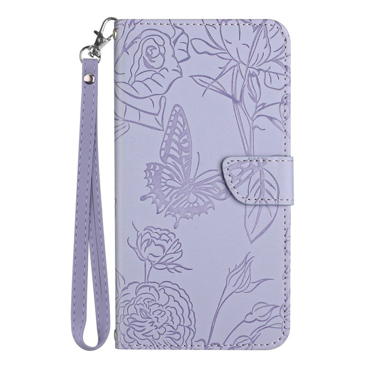 For Realme C30 4G / Narzo 50i Prime 4G Butterfly Flowers Imprinting Case PU Leather Phone Wallet Stand Folio Flip Cover with Handy Strap - Light Purple