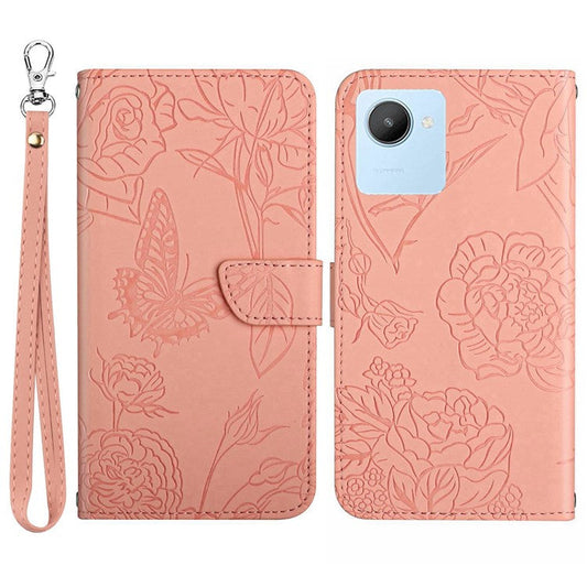 For Realme C30 4G / Narzo 50i Prime 4G Butterfly Flowers Imprinting Case PU Leather Phone Wallet Stand Folio Flip Cover with Handy Strap - Pink