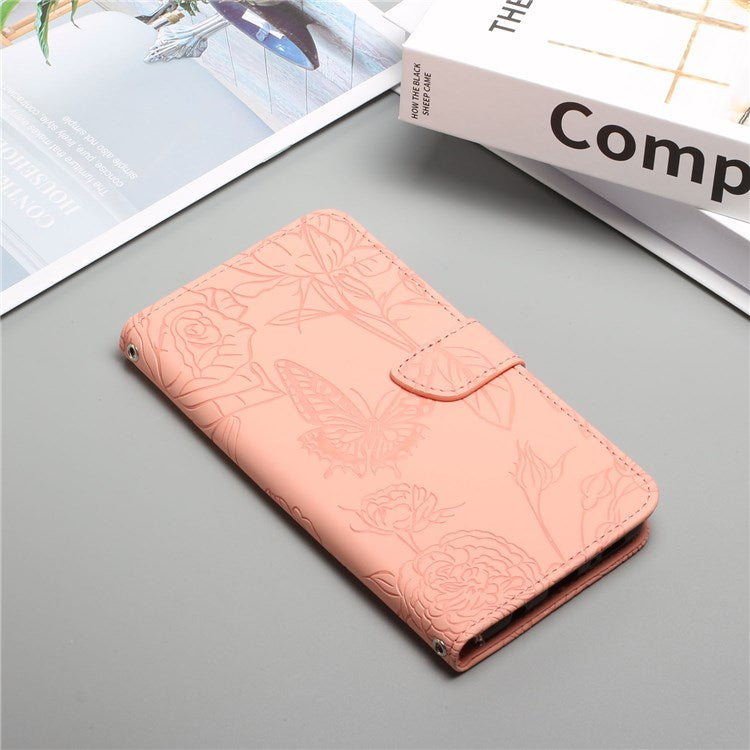 For Realme C30 4G / Narzo 50i Prime 4G Butterfly Flowers Imprinting Case PU Leather Phone Wallet Stand Folio Flip Cover with Handy Strap - Pink