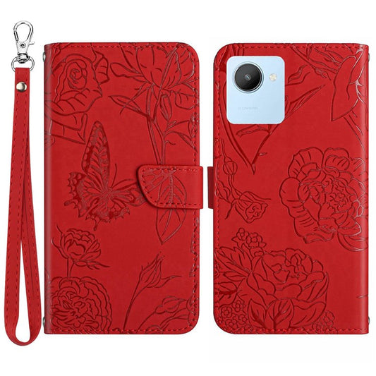 For Realme C30 4G / Narzo 50i Prime 4G Butterfly Flowers Imprinting Case PU Leather Phone Wallet Stand Folio Flip Cover with Handy Strap - Red
