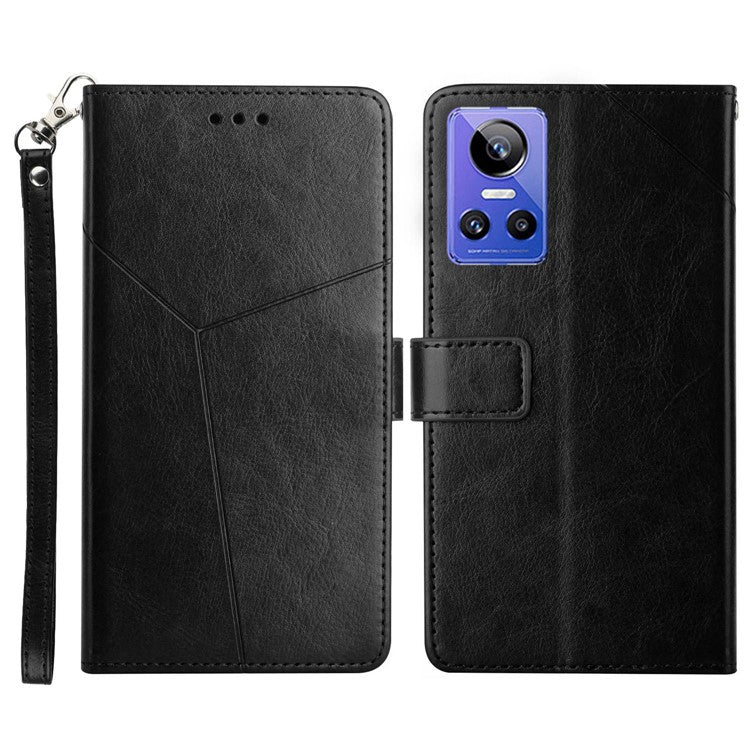 For Realme GT Neo3 5G HT01 Wallet Style Imprinted Y-Shaped Lines Phone Case PU Leather Stand Folio Flip Shell with Strap - Black