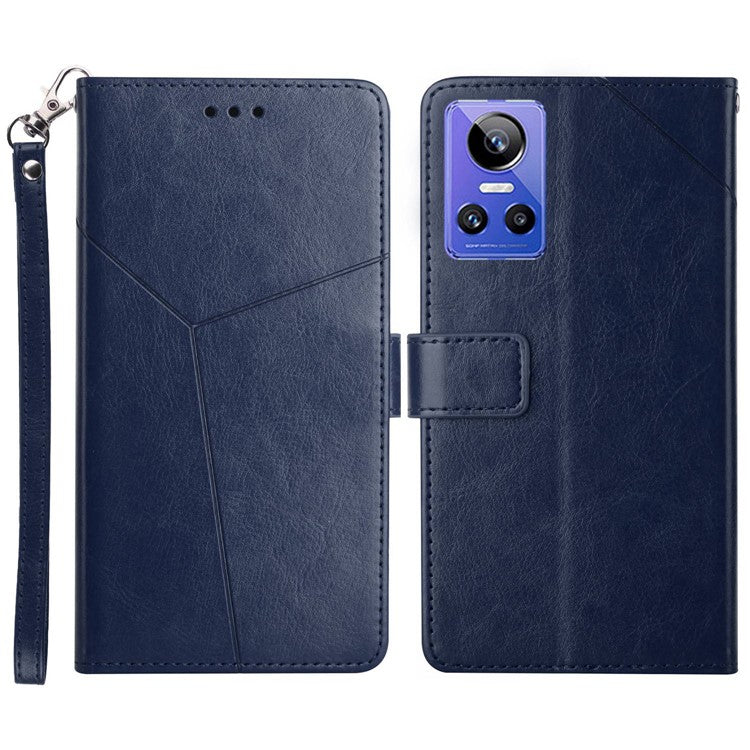 For Realme GT Neo3 5G HT01 Wallet Style Imprinted Y-Shaped Lines Phone Case PU Leather Stand Folio Flip Shell with Strap - Blue