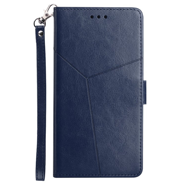 For Realme GT Neo3 5G HT01 Wallet Style Imprinted Y-Shaped Lines Phone Case PU Leather Stand Folio Flip Shell with Strap - Blue