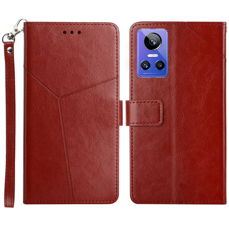 For Realme GT Neo3 5G HT01 Wallet Style Imprinted Y-Shaped Lines Phone Case PU Leather Stand Folio Flip Shell with Strap - Brown