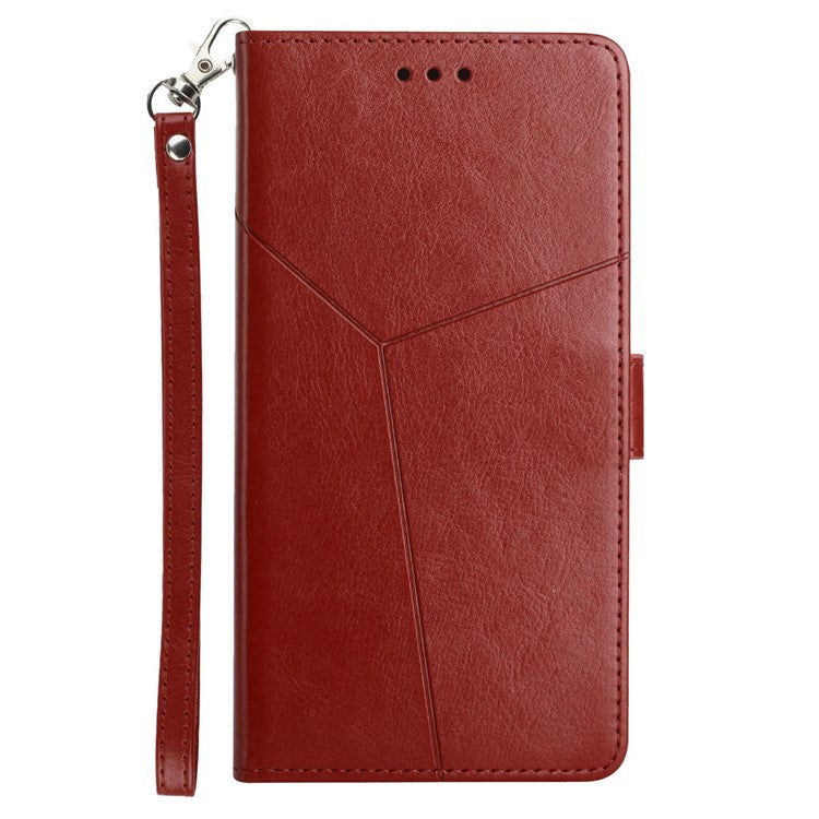 For Realme GT Neo3 5G HT01 Wallet Style Imprinted Y-Shaped Lines Phone Case PU Leather Stand Folio Flip Shell with Strap - Brown