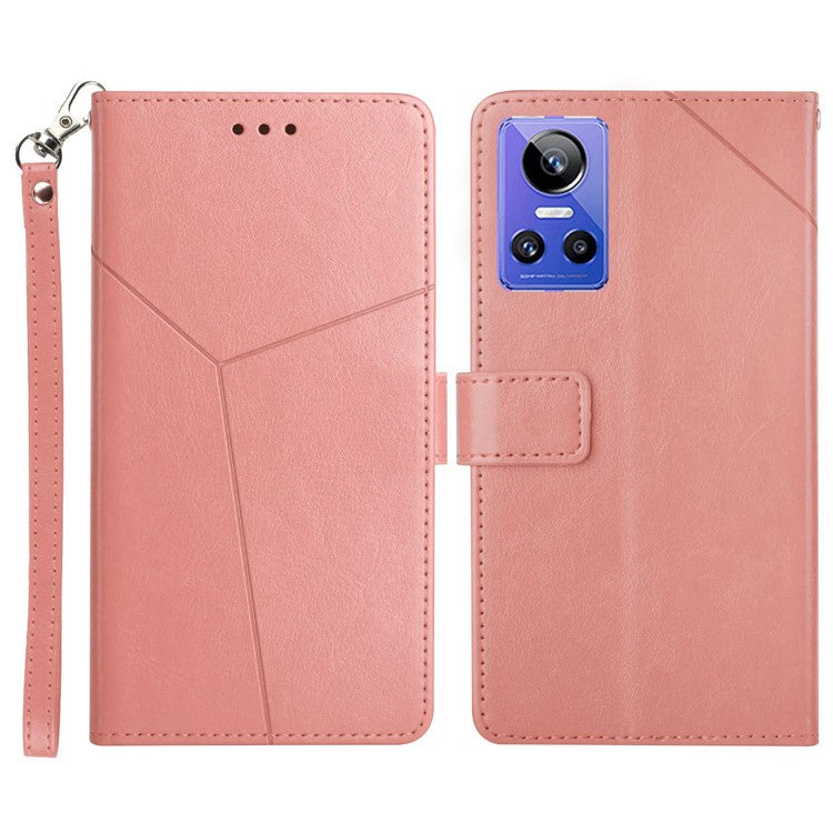 For Realme GT Neo3 5G HT01 Wallet Style Imprinted Y-Shaped Lines Phone Case PU Leather Stand Folio Flip Shell with Strap - Pink