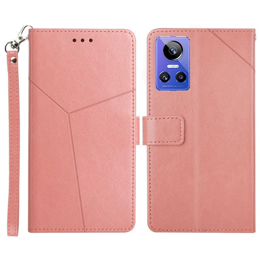 For Realme GT Neo3 5G HT01 Wallet Style Imprinted Y-Shaped Lines Phone Case PU Leather Stand Folio Flip Shell with Strap - Pink