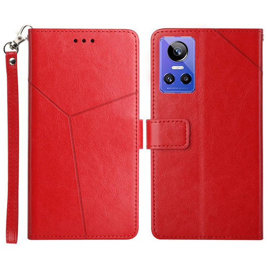 For Realme GT Neo3 5G HT01 Wallet Style Imprinted Y-Shaped Lines Phone Case PU Leather Stand Folio Flip Shell with Strap - Red