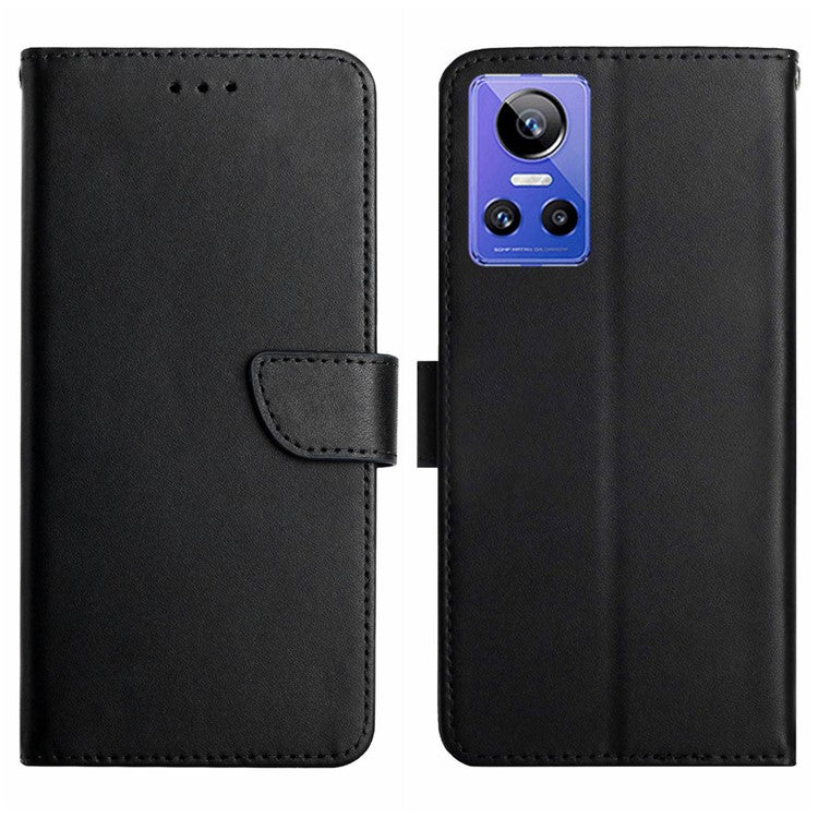 HT02 Phone Case for Realme GT Neo3 5G, Anti-drop Nappa Texture Genuine Leather Shockproof Cover with Stand - Black