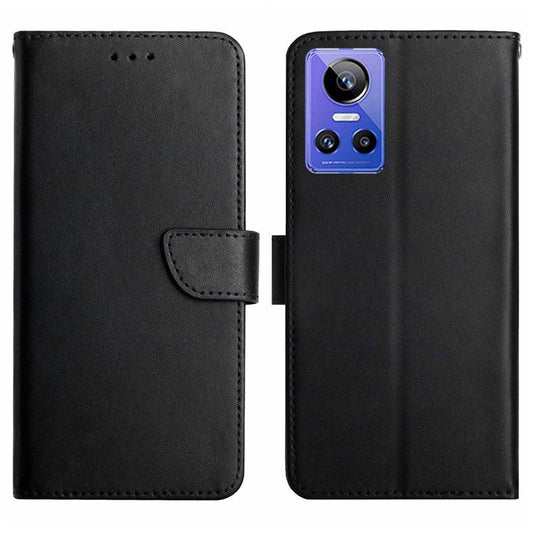 HT02 Phone Case for Realme GT Neo3 5G, Anti-drop Nappa Texture Genuine Leather Shockproof Cover with Stand - Black