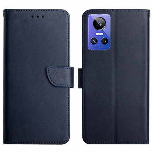 HT02 Phone Case for Realme GT Neo3 5G, Anti-drop Nappa Texture Genuine Leather Shockproof Cover with Stand - Blue