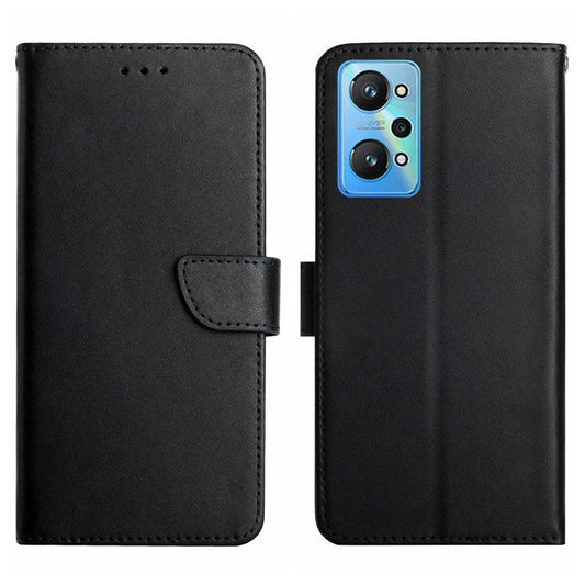 HT02 Phone Case for Realme GT Neo2 5G, Nappa Texture Anti-wear Genuine Leather Magnetic Cover with Stand - Black