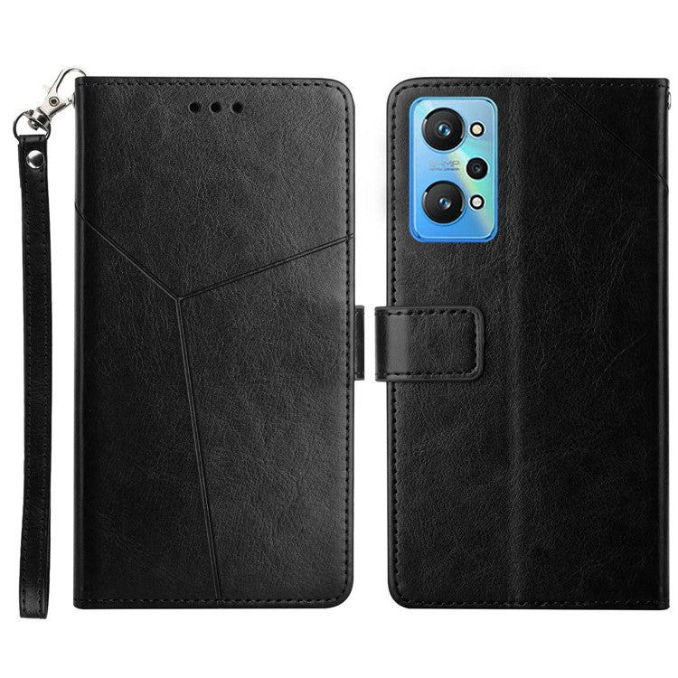 For Realme GT Neo2 5G HT01 Imprinted Y-Shaped Lines Phone Case Anti-Fall PU Leather Stand Wallet Feature Shell with Strap - Black