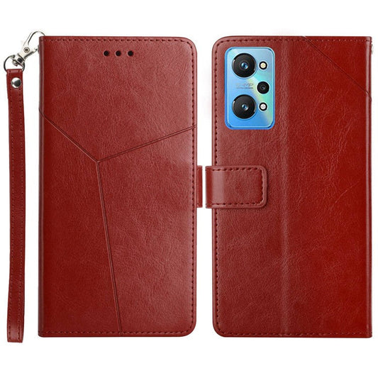 For Realme GT Neo2 5G HT01 Imprinted Y-Shaped Lines Phone Case Anti-Fall PU Leather Stand Wallet Feature Shell with Strap - Brown