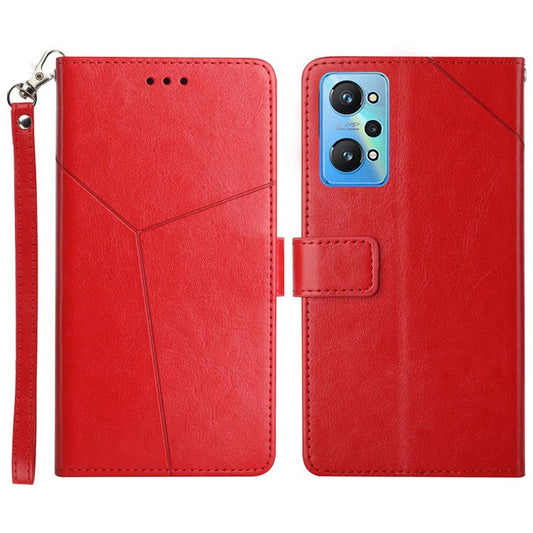 For Realme GT Neo2 5G HT01 Imprinted Y-Shaped Lines Phone Case Anti-Fall PU Leather Stand Wallet Feature Shell with Strap - Red