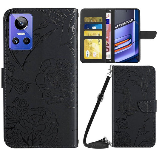 HT03 Mobile Phone Case for Realme GT Neo 3 5G, Skin-touch PU Leather Butterfly Flowers Imprinting Wallet Phone Cover Stand with Shoulder Strap - Black
