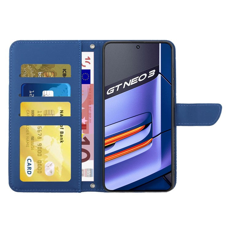 HT03 Mobile Phone Case for Realme GT Neo 3 5G, Skin-touch PU Leather Butterfly Flowers Imprinting Wallet Phone Cover Stand with Shoulder Strap - Blue