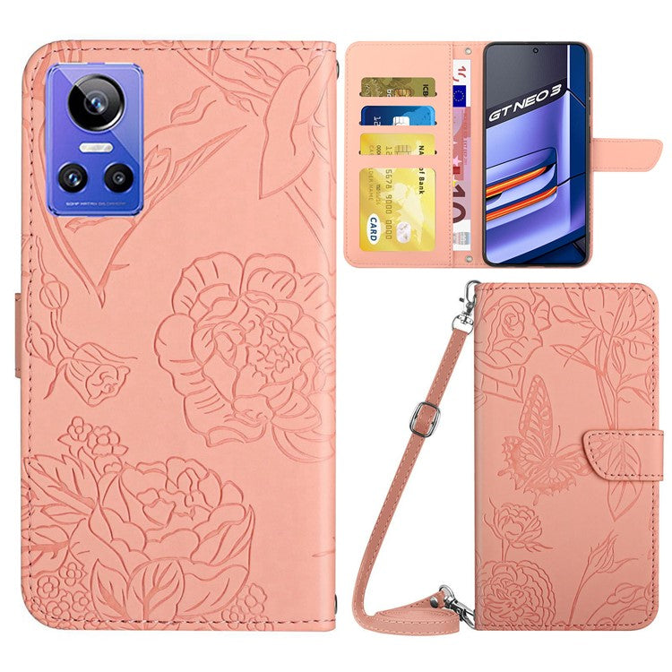 HT03 Mobile Phone Case for Realme GT Neo 3 5G, Skin-touch PU Leather Butterfly Flowers Imprinting Wallet Phone Cover Stand with Shoulder Strap - Pink
