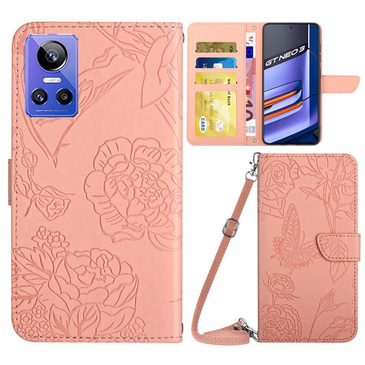 HT03 Mobile Phone Case for Realme GT Neo 3 5G, Skin-touch PU Leather Butterfly Flowers Imprinting Wallet Phone Cover Stand with Shoulder Strap - Pink