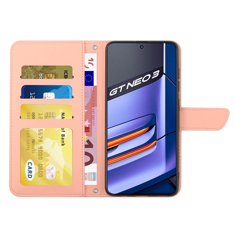HT03 Mobile Phone Case for Realme GT Neo 3 5G, Skin-touch PU Leather Butterfly Flowers Imprinting Wallet Phone Cover Stand with Shoulder Strap - Pink