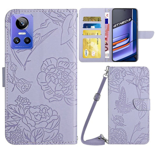 HT03 Mobile Phone Case for Realme GT Neo 3 5G, Skin-touch PU Leather Butterfly Flowers Imprinting Wallet Phone Cover Stand with Shoulder Strap - Light Purple