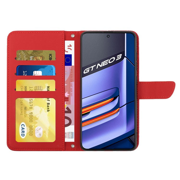 HT03 Mobile Phone Case for Realme GT Neo 3 5G, Skin-touch PU Leather Butterfly Flowers Imprinting Wallet Phone Cover Stand with Shoulder Strap - Red