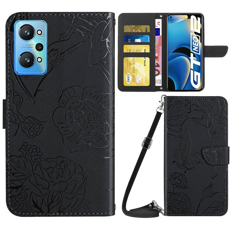 HT03 Shockproof Phone Case for Realme GT Neo2 5G / GT Neo 3T 5G, Skin-touch PU Leather Butterfly Flowers Imprinting Wallet Phone Cover Stand with Shoulder Strap - Black