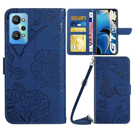 HT03 Shockproof Phone Case for Realme GT Neo2 5G / GT Neo 3T 5G, Skin-touch PU Leather Butterfly Flowers Imprinting Wallet Phone Cover Stand with Shoulder Strap - Blue