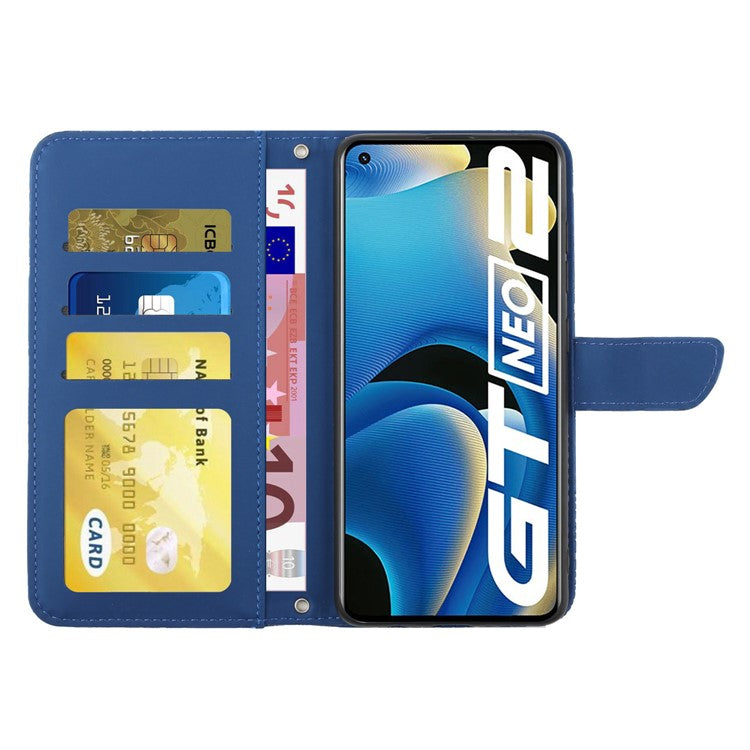 HT03 Shockproof Phone Case for Realme GT Neo2 5G / GT Neo 3T 5G, Skin-touch PU Leather Butterfly Flowers Imprinting Wallet Phone Cover Stand with Shoulder Strap - Blue