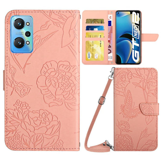 HT03 Shockproof Phone Case for Realme GT Neo2 5G / GT Neo 3T 5G, Skin-touch PU Leather Butterfly Flowers Imprinting Wallet Phone Cover Stand with Shoulder Strap - Pink