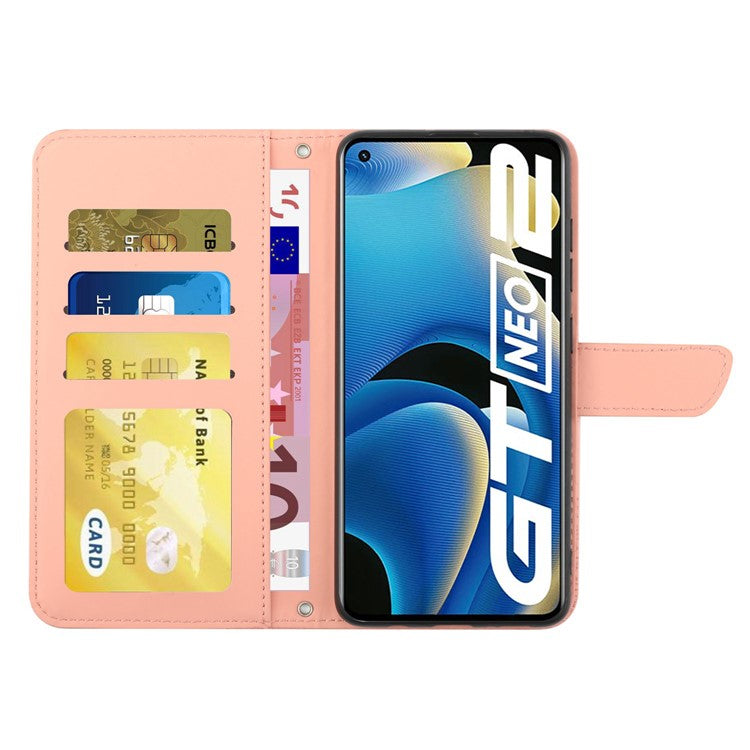 HT03 Shockproof Phone Case for Realme GT Neo2 5G / GT Neo 3T 5G, Skin-touch PU Leather Butterfly Flowers Imprinting Wallet Phone Cover Stand with Shoulder Strap - Pink