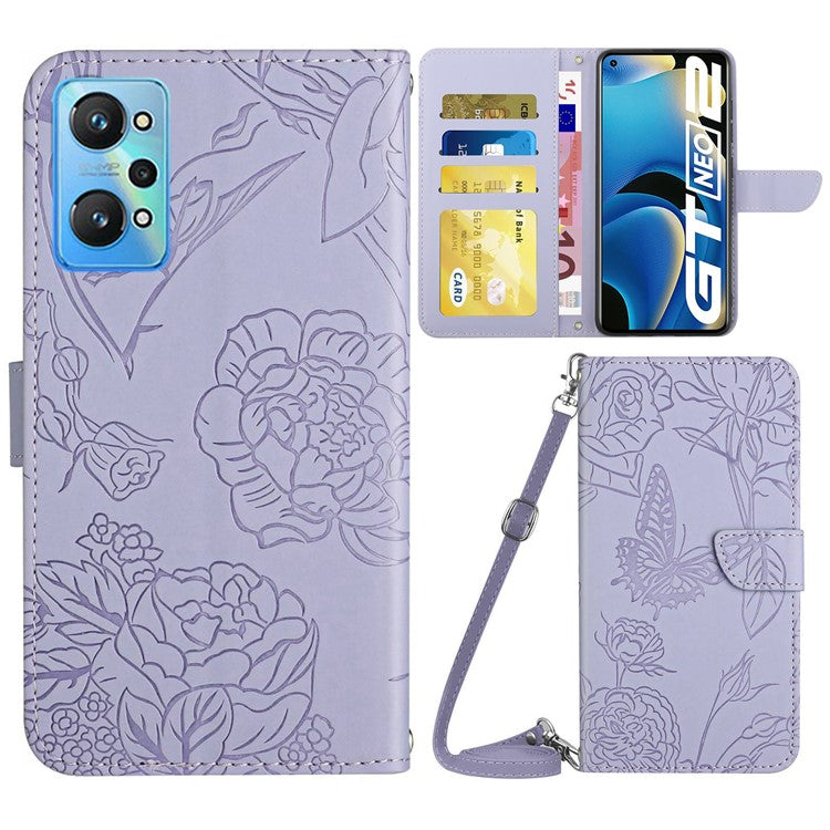 HT03 Shockproof Phone Case for Realme GT Neo2 5G / GT Neo 3T 5G, Skin-touch PU Leather Butterfly Flowers Imprinting Wallet Phone Cover Stand with Shoulder Strap - Light Purple