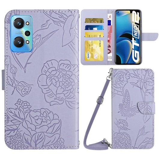 HT03 Shockproof Phone Case for Realme GT Neo2 5G / GT Neo 3T 5G, Skin-touch PU Leather Butterfly Flowers Imprinting Wallet Phone Cover Stand with Shoulder Strap - Light Purple