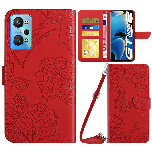 HT03 Shockproof Phone Case for Realme GT Neo2 5G / GT Neo 3T 5G, Skin-touch PU Leather Butterfly Flowers Imprinting Wallet Phone Cover Stand with Shoulder Strap - Red