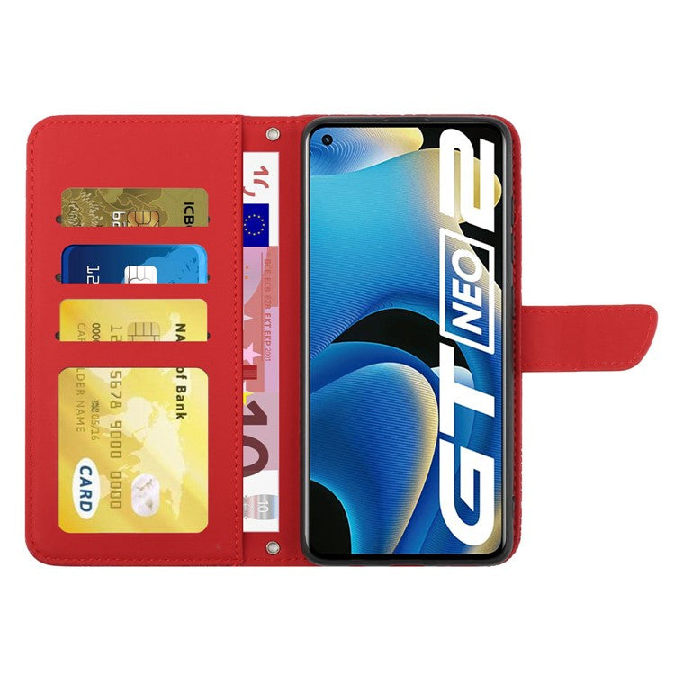 HT03 Shockproof Phone Case for Realme GT Neo2 5G / GT Neo 3T 5G, Skin-touch PU Leather Butterfly Flowers Imprinting Wallet Phone Cover Stand with Shoulder Strap - Red