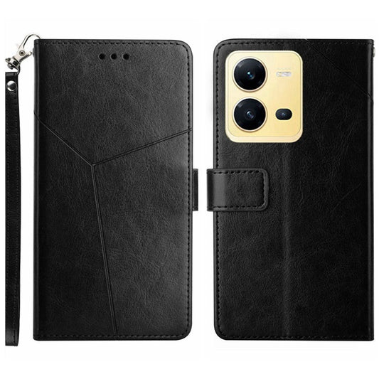 For vivo X80 Lite 5G / V25 5G HT01 PU Leather Book Wallet Case Imprinted Y-Shaped Lines Magnetic Folio Flip Stand Cover with Strap - Black