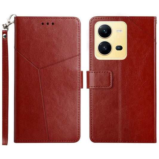 For vivo X80 Lite 5G / V25 5G HT01 PU Leather Book Wallet Case Imprinted Y-Shaped Lines Magnetic Folio Flip Stand Cover with Strap - Brown