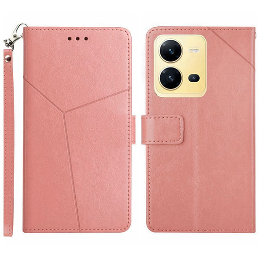 For vivo X80 Lite 5G / V25 5G HT01 PU Leather Book Wallet Case Imprinted Y-Shaped Lines Magnetic Folio Flip Stand Cover with Strap - Pink