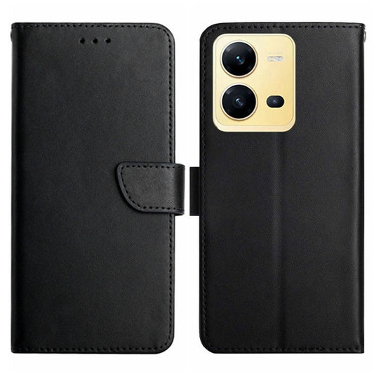 For vivo X80 Lite 5G / V25 5G HT02 Nappa Texture Genuine Leather Wallet Phone Case Solid Color Stand Magnetic Closure Protective Cover - Black
