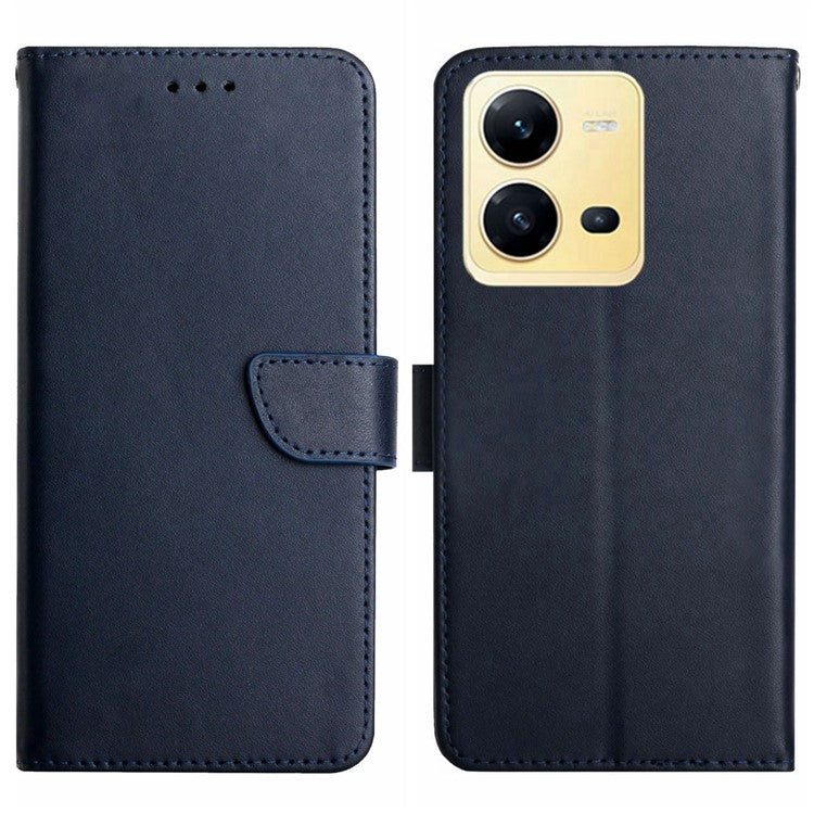 For vivo X80 Lite 5G / V25 5G HT02 Nappa Texture Genuine Leather Wallet Phone Case Solid Color Stand Magnetic Closure Protective Cover - Blue