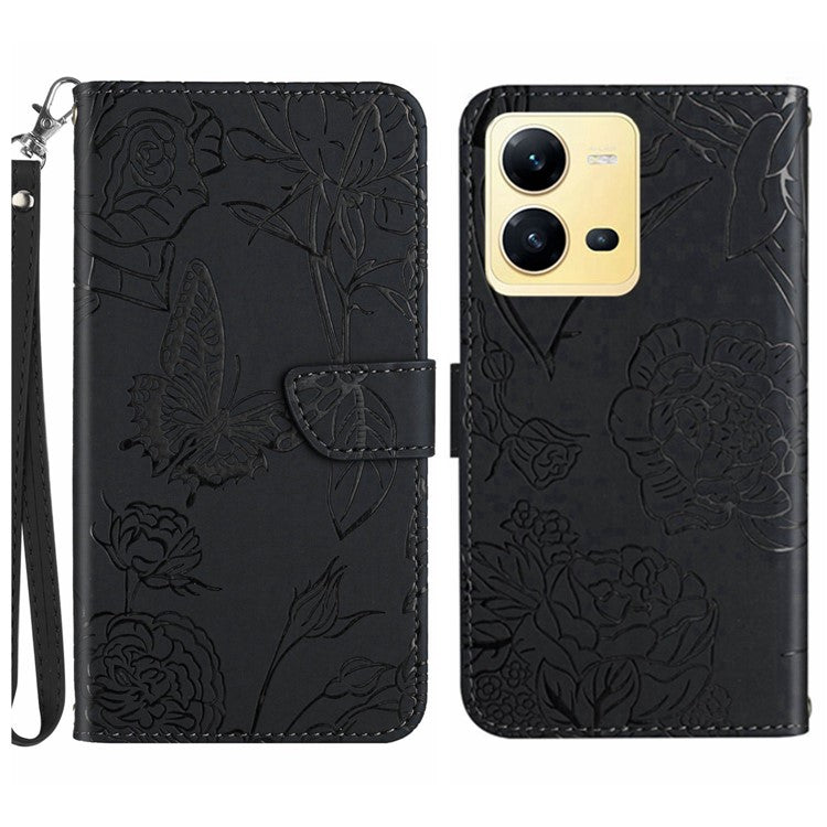 For vivo X80 Lite 5G / V25 5G HT03 Imprinted Butterfly Flowers Wallet Case Skin-touch PU Leather Magnetic Closure Flip Stand Cover with Strap - Black
