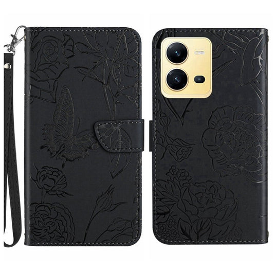 For vivo X80 Lite 5G / V25 5G HT03 Imprinted Butterfly Flowers Wallet Case Skin-touch PU Leather Magnetic Closure Flip Stand Cover with Strap - Black